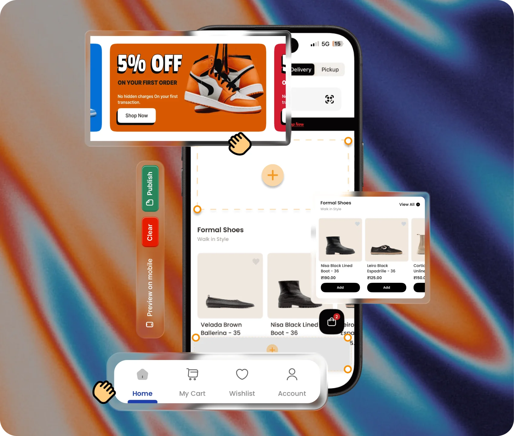 Three mobile eCommerce app screens showing banners and product listings