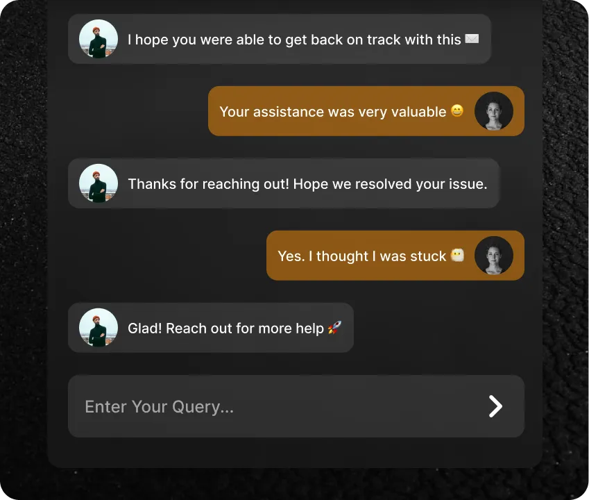 Chat interface showing in-app customer support conversation