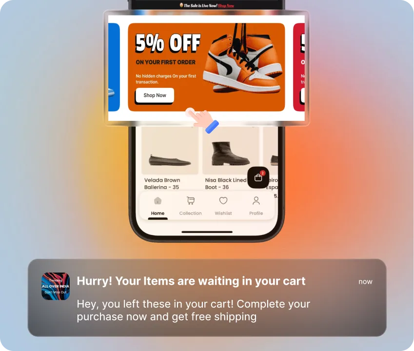 Mobile app push notification with offer banner and cart reminder