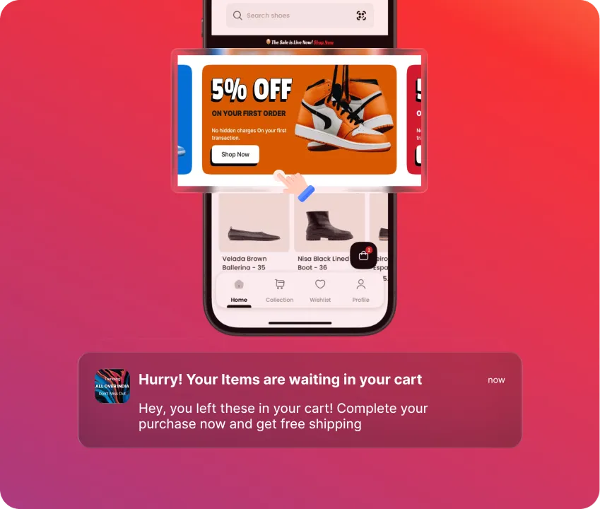 Mobile app UI showing offer banner and cart recovery notification