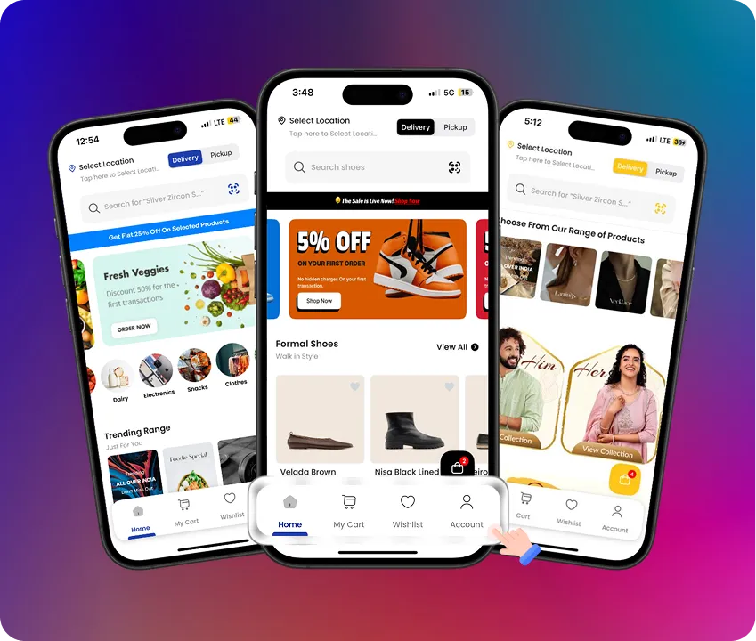 Three mobile eCommerce app screens showing banners and product listings