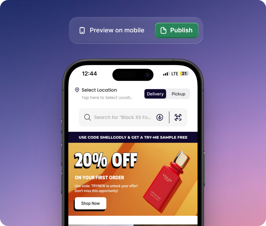 Mobile app preview screen showing demo store with product banner