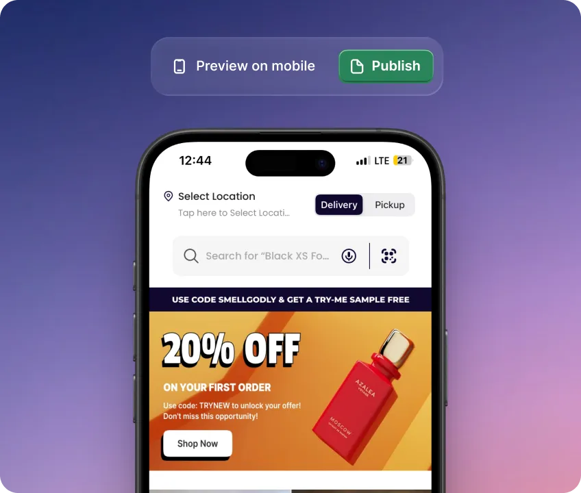 Mobile app preview showing product banner and publish options